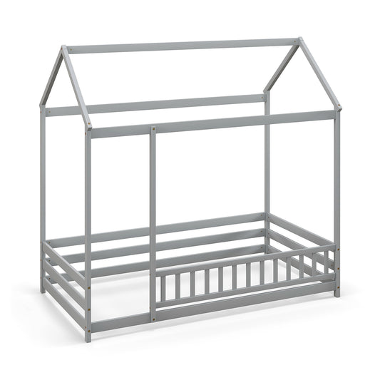 Twin Size Kids House Bed Wooden Floor Bed with Roof and Full-length Safety Guardrail-Gray