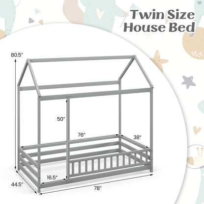 Twin Size Kids House Bed Wooden Floor Bed with Roof and Full-length Safety Guardrail-Gray
