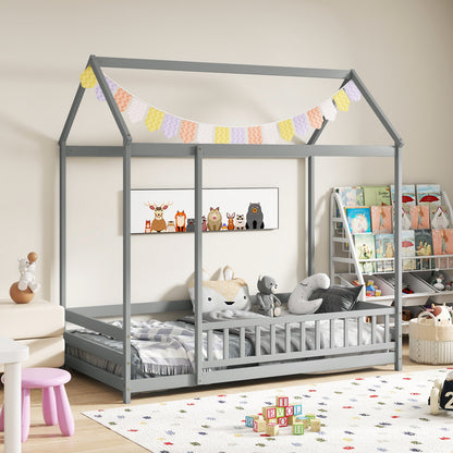 Twin Size Kids House Bed Wooden Floor Bed with Roof and Full-length Safety Guardrail-Gray