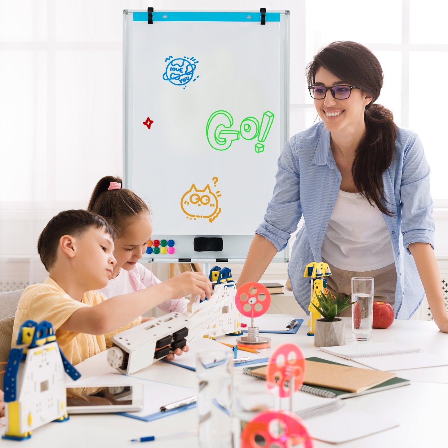Height-Adjustable Mobile Whiteboard with Round Stand Paper Clips-Black