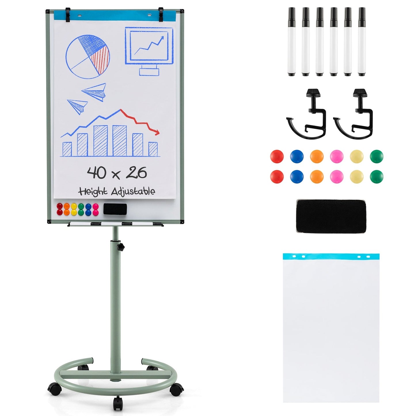 Height-Adjustable Mobile Whiteboard with Round Stand Paper Clips-Black
