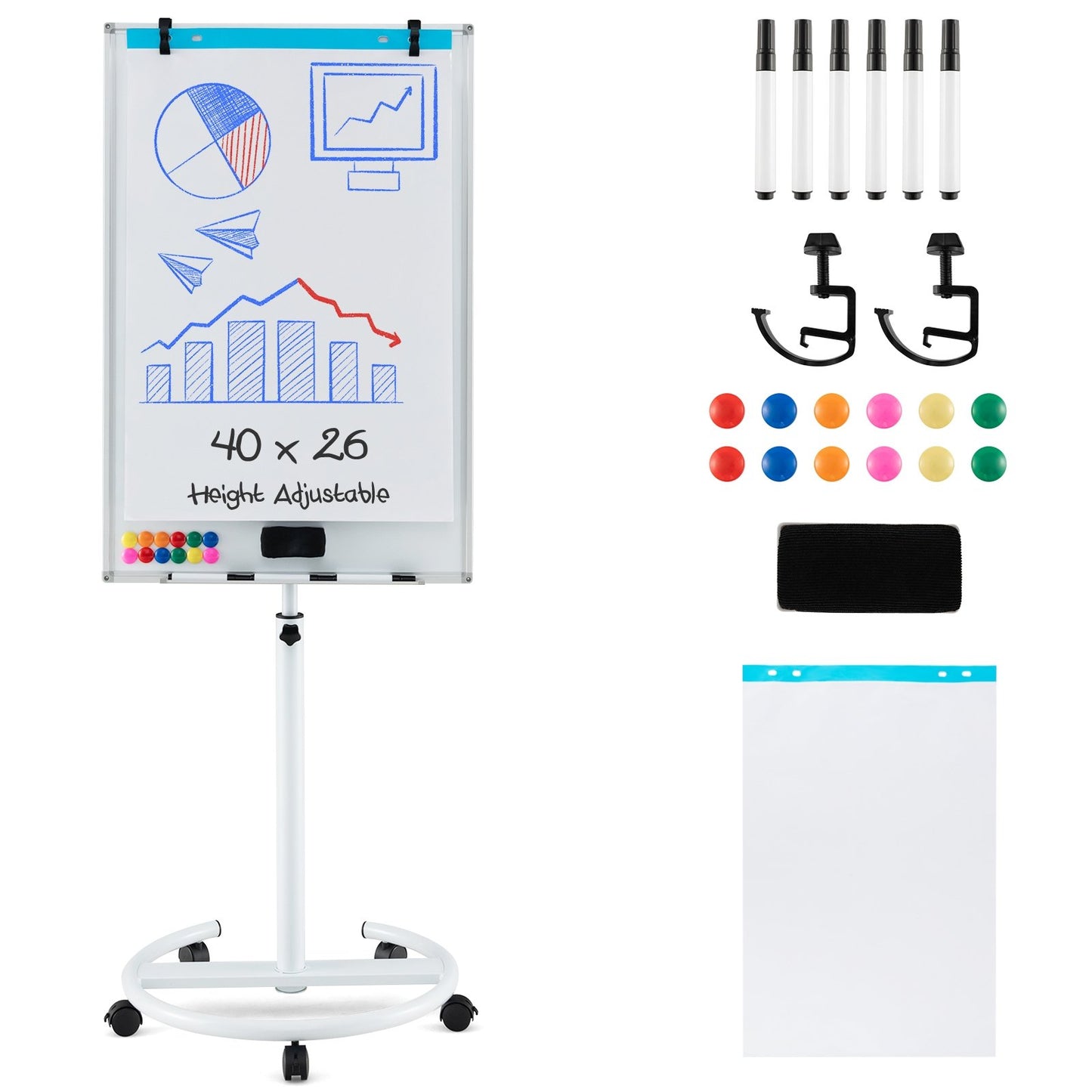 Height-Adjustable Mobile Whiteboard with Round Stand Paper Clips-Black