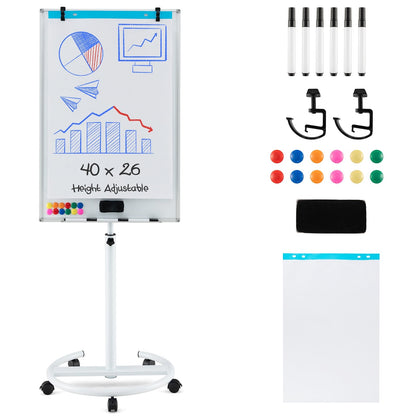 Height-Adjustable Mobile Whiteboard with Round Stand Paper Clips-Black