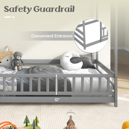 Twin Size Kids House Bed Wooden Floor Bed with Roof and Full-length Safety Guardrail-Gray