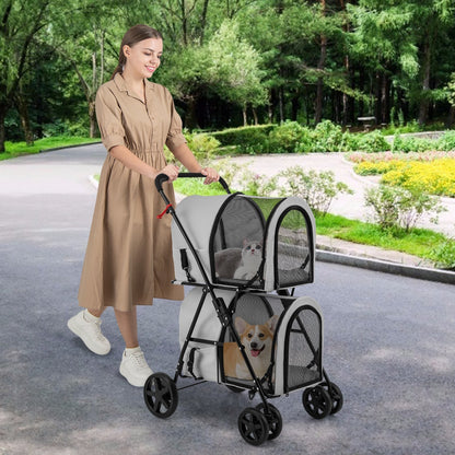 4-in-1 Double Pet Stroller with Detachable Carrier and Travel Carriage-Beige