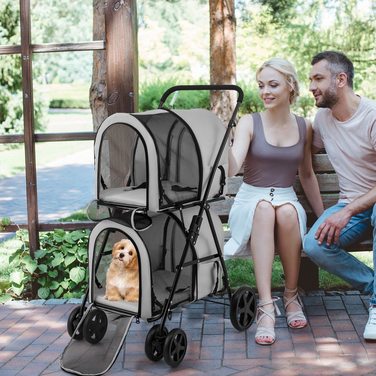 4-in-1 Double Pet Stroller with Detachable Carrier and Travel Carriage-Beige