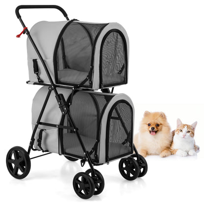 4-in-1 Double Pet Stroller with Detachable Carrier and Travel Carriage-Beige
