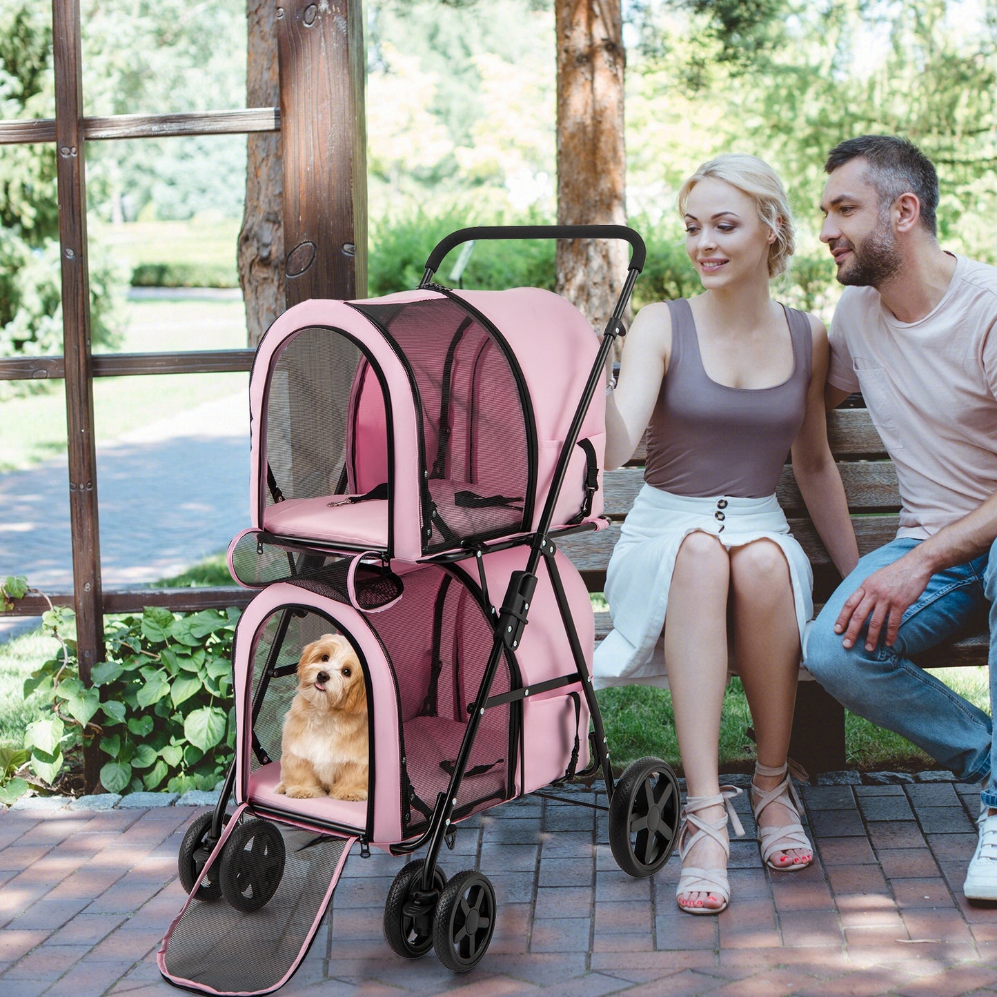 4-in-1 Double Pet Stroller with Detachable Carrier and Travel Carriage-Beige