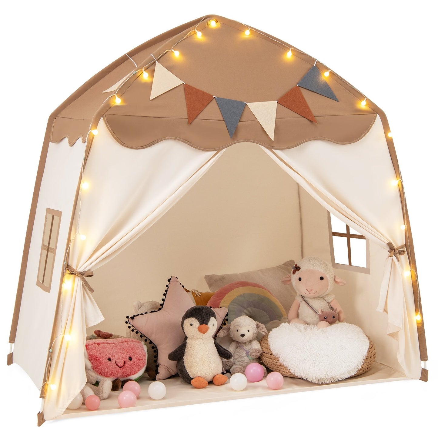 Kids Play Tent Bed Tent with String Lights Extra Large Playhouse Tent-Beige