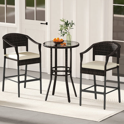 3-Piece Patio Rattan Bar Set with Tempered Glass Top for Backyard Poolside-Brown
