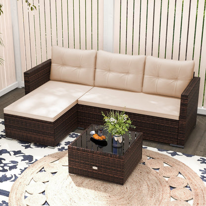 4 Seats Outdoor Wicker Furniture Set with Tempered Glass Coffee Table and Soft Cushions-Beige