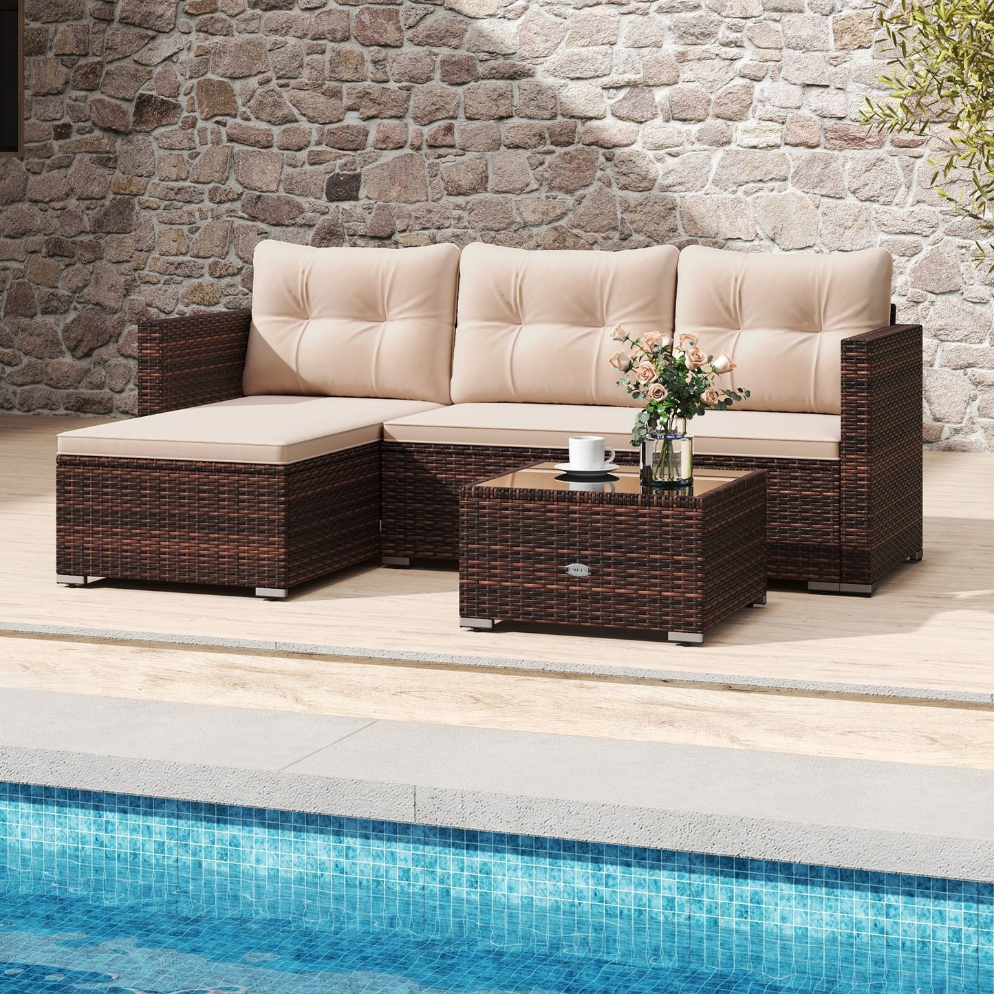 4 Seats Outdoor Wicker Furniture Set with Tempered Glass Coffee Table and Soft Cushions-Beige