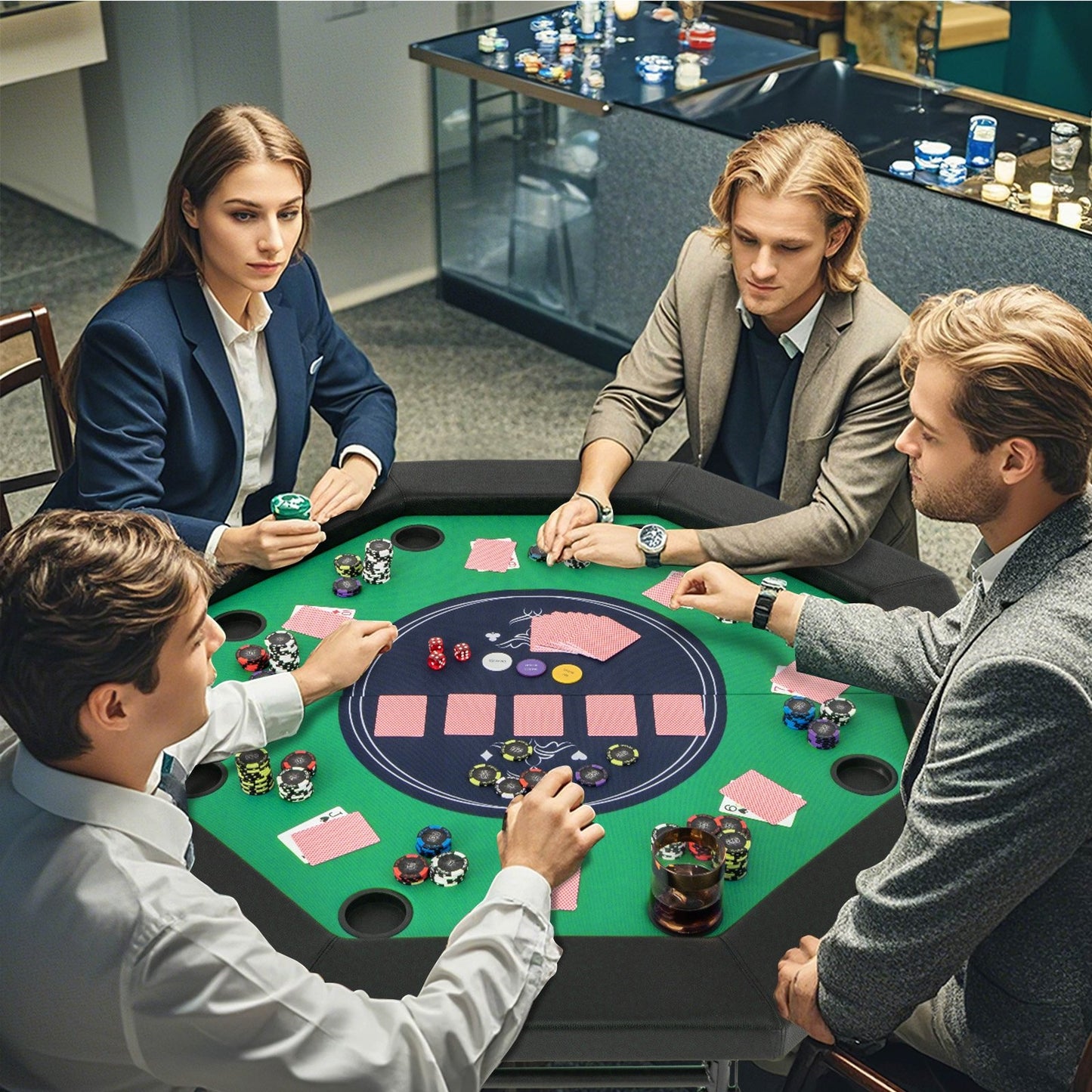 48 Inches Foldable Poker Table with Padded Rails and Cup Holders-Blue