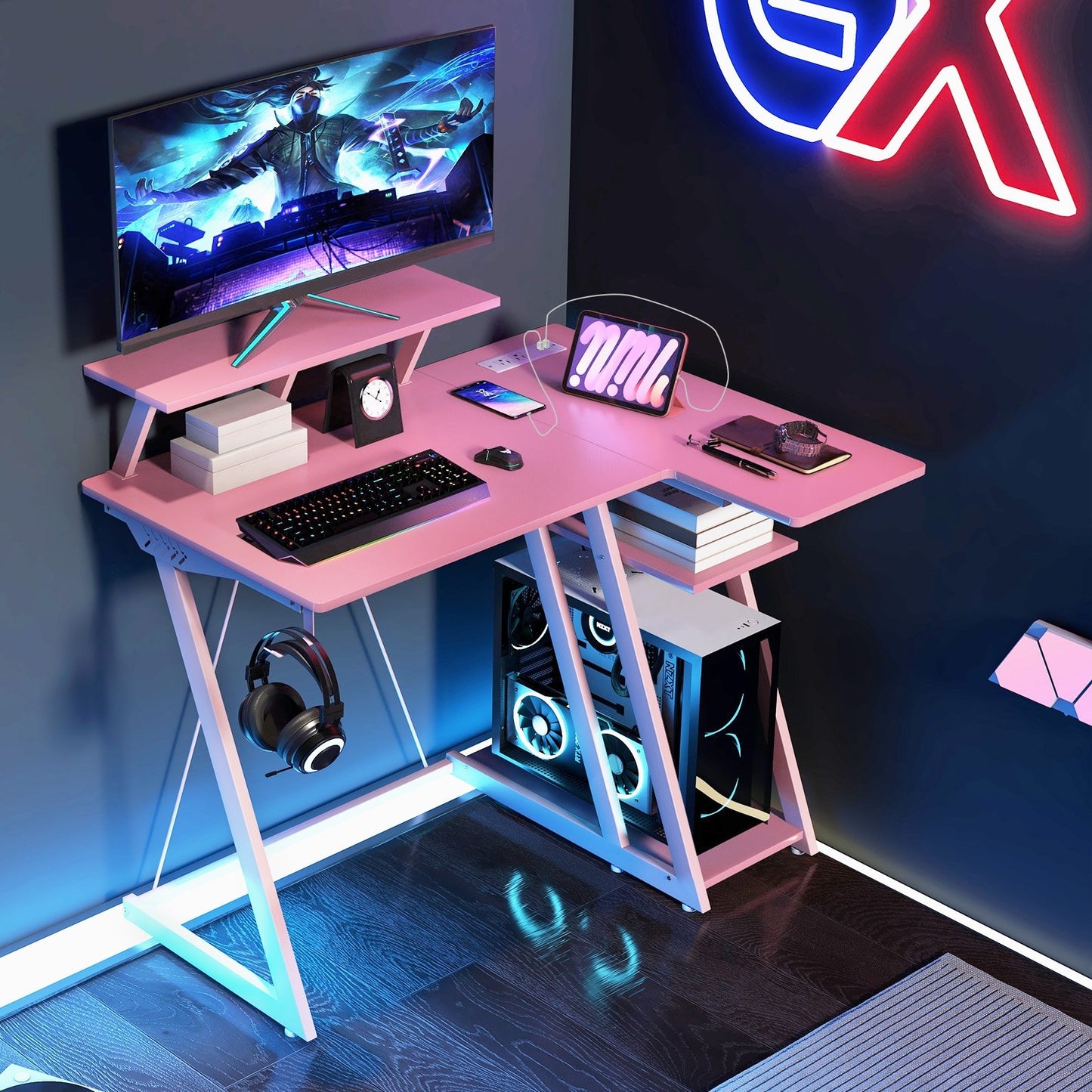 L Shaped Gaming Desk with Outlets and USB Ports-Black