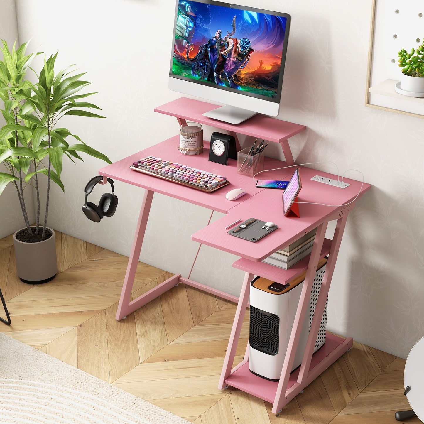 L Shaped Gaming Desk with Outlets and USB Ports-Black