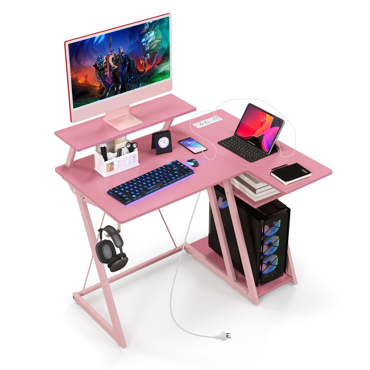 L Shaped Gaming Desk with Outlets and USB Ports-Black