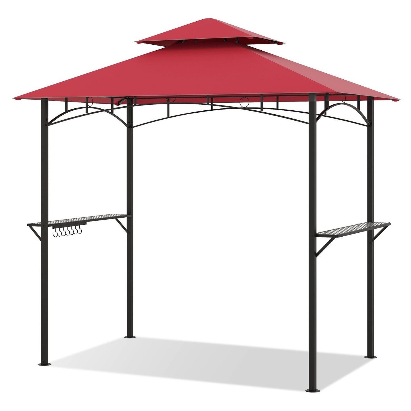 Outdoor Double-Tiered Grill Gazebo Canopy with 2 Shelves and 7 Hooks-Beige