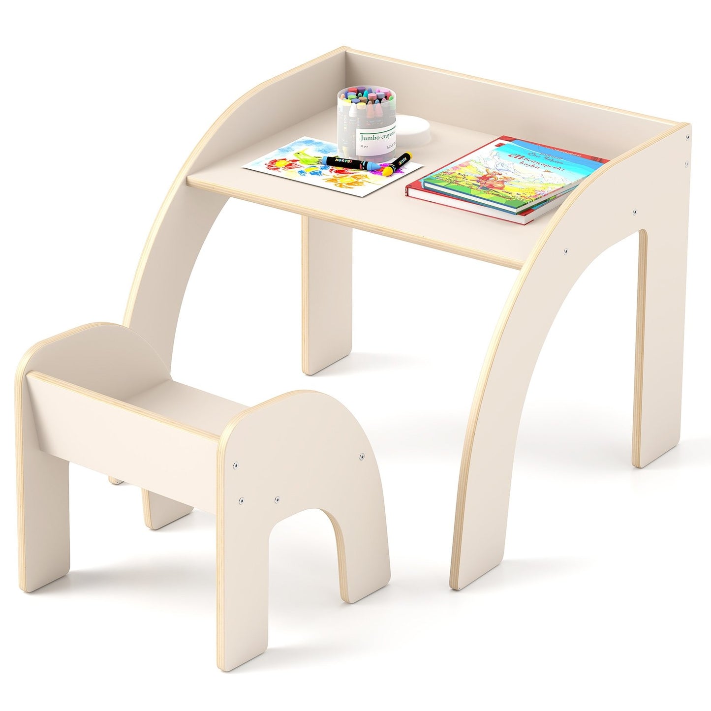 Kids Table and Chair Set with Wide Tabletop and Curved Edges for Kids Room-Natural