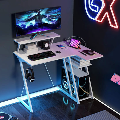 L Shaped Gaming Desk with Outlets and USB Ports-Black