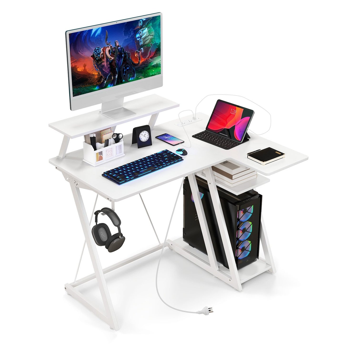 L Shaped Gaming Desk with Outlets and USB Ports-Black