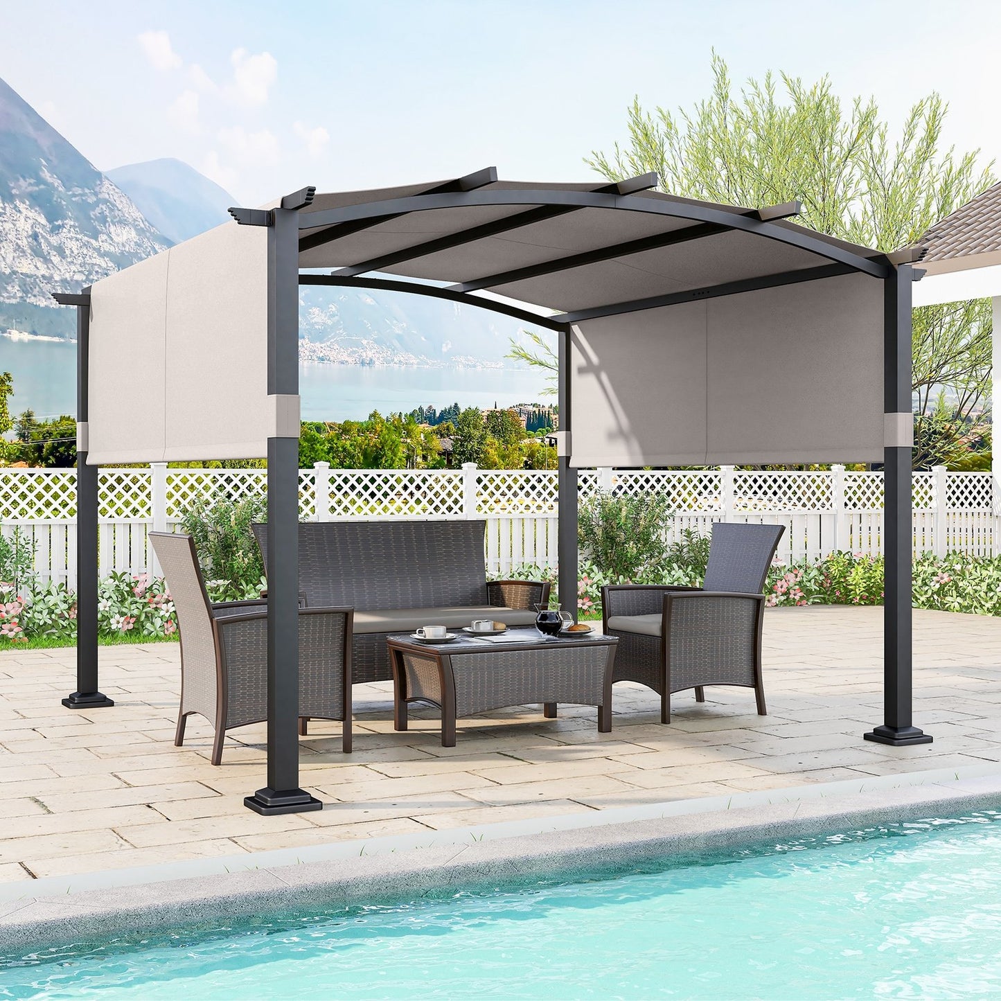 10 x 10 ft Outdoor Pergola Modern Arched Patio Garden Shelter with Retractable Sunshade Canopy-Beige