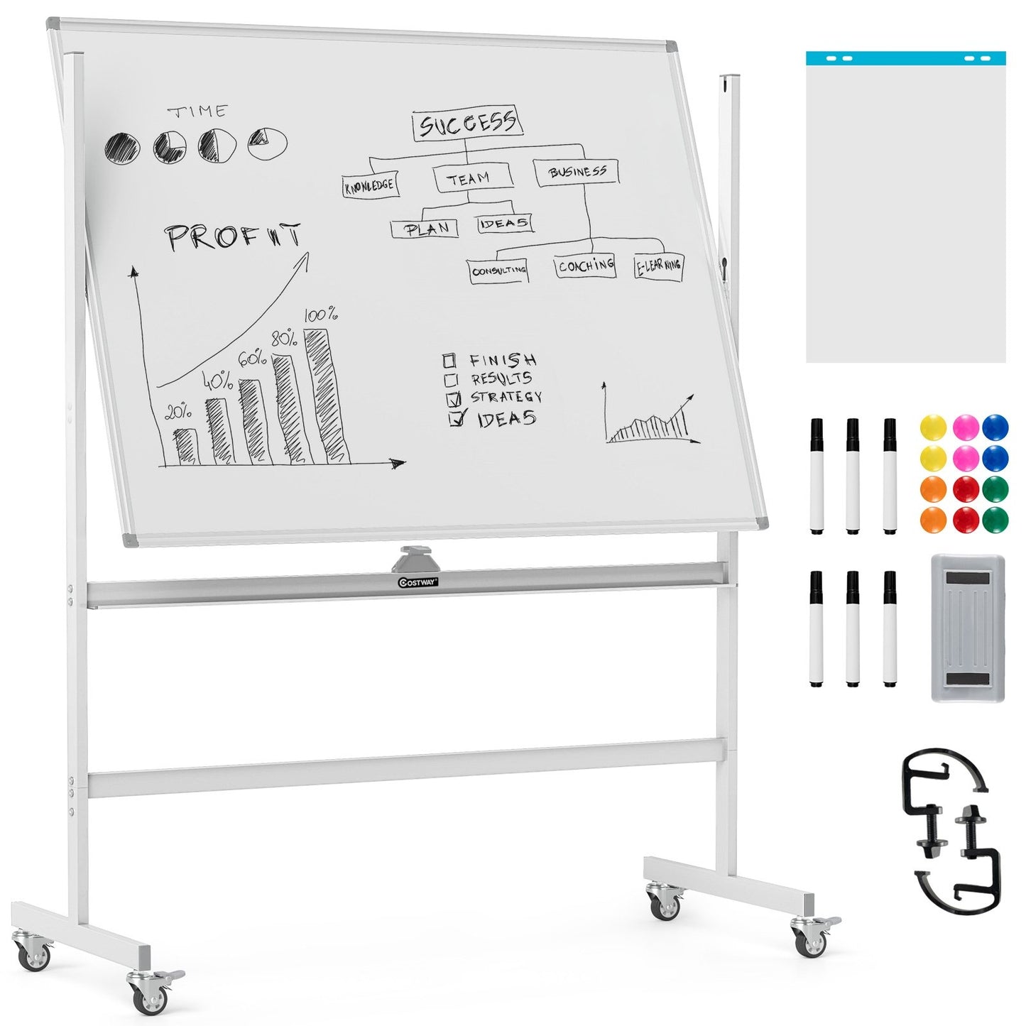 48 x 36 Inch Mobile Magnetic Double-Sided Reversible Whiteboard Height Adjust