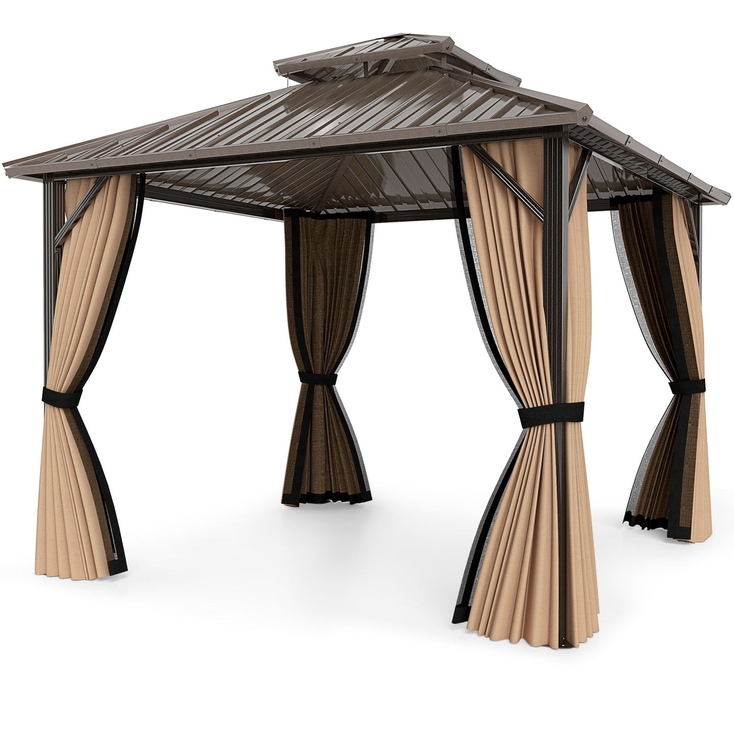 10 x 10 Feet Hardtop Gazebo with Netting and Curtain and Double-Roof Galvanized Metal Top