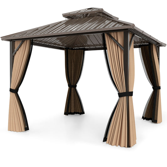 10 x 10 Feet Hardtop Gazebo with Netting and Curtain and Double-Roof Galvanized Metal Top