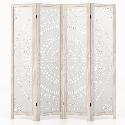 66 Inch Boho 4-Panel Room Divider Privacy Screen with Carved Pattern