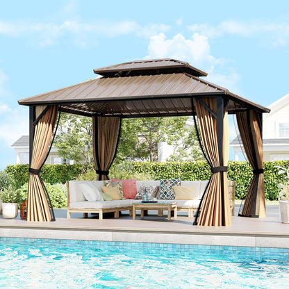 10 x 10 Feet Hardtop Gazebo with Netting and Curtain and Double-Roof Galvanized Metal Top