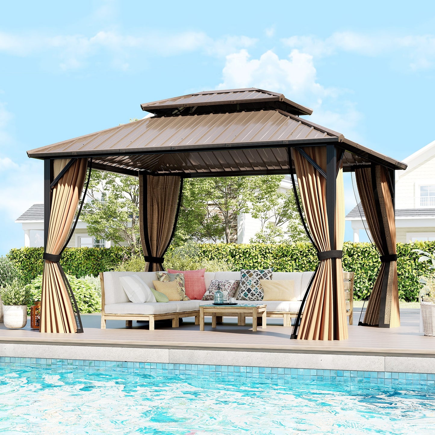 10x12 feet outdoor gazebo with galvanized metal double roof, netting, and curtains, providing shade and protection for outdoor spaces.
