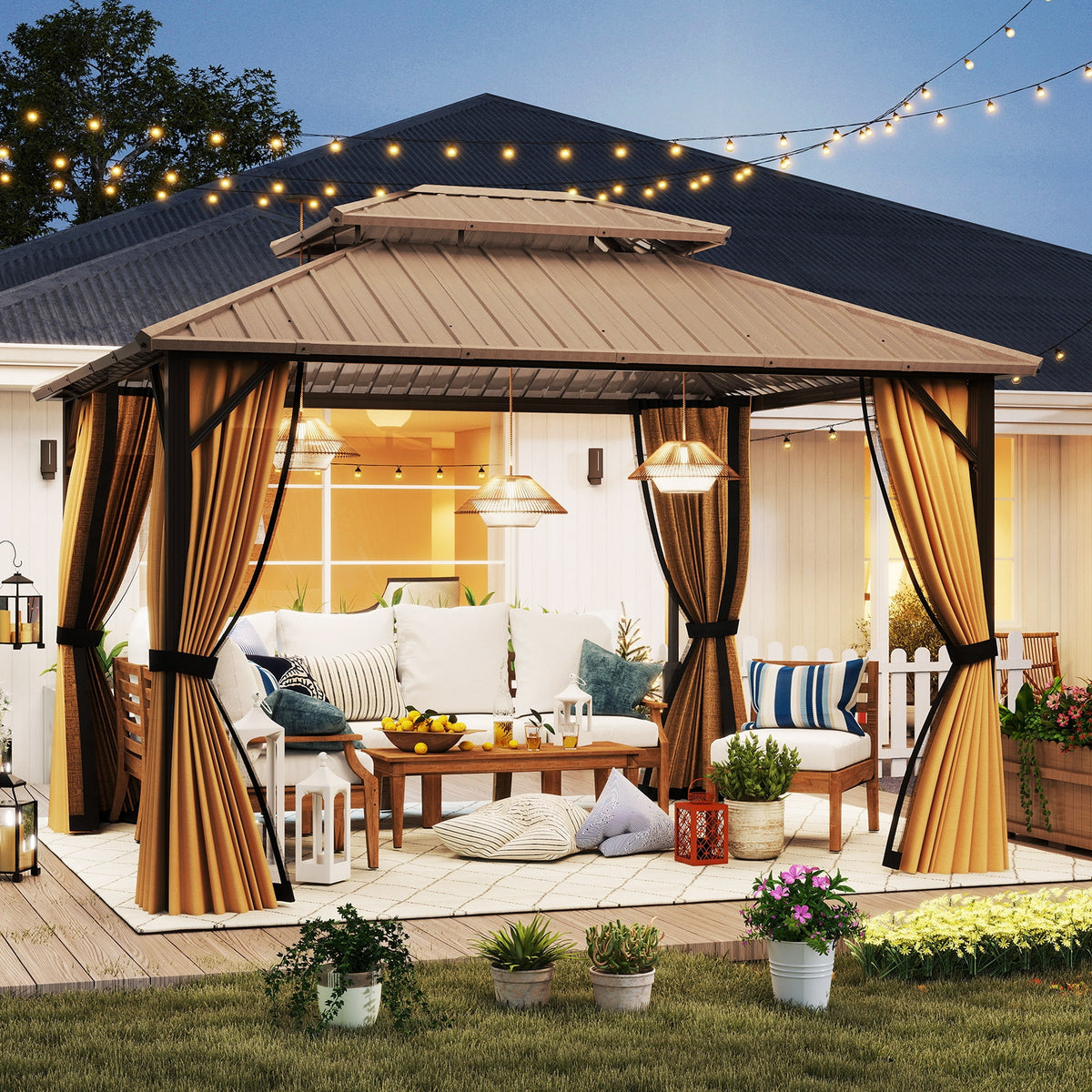 10x12 feet outdoor hardtop gazebo with netting, curtains, double roof, galvanized metal top, ideal for outdoor shade and relaxation