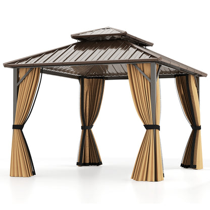 10x12 feet hardtop outdoor gazebo with netting, curtains, and double galvanized metal roof, featuring a sturdy frame and shaded area