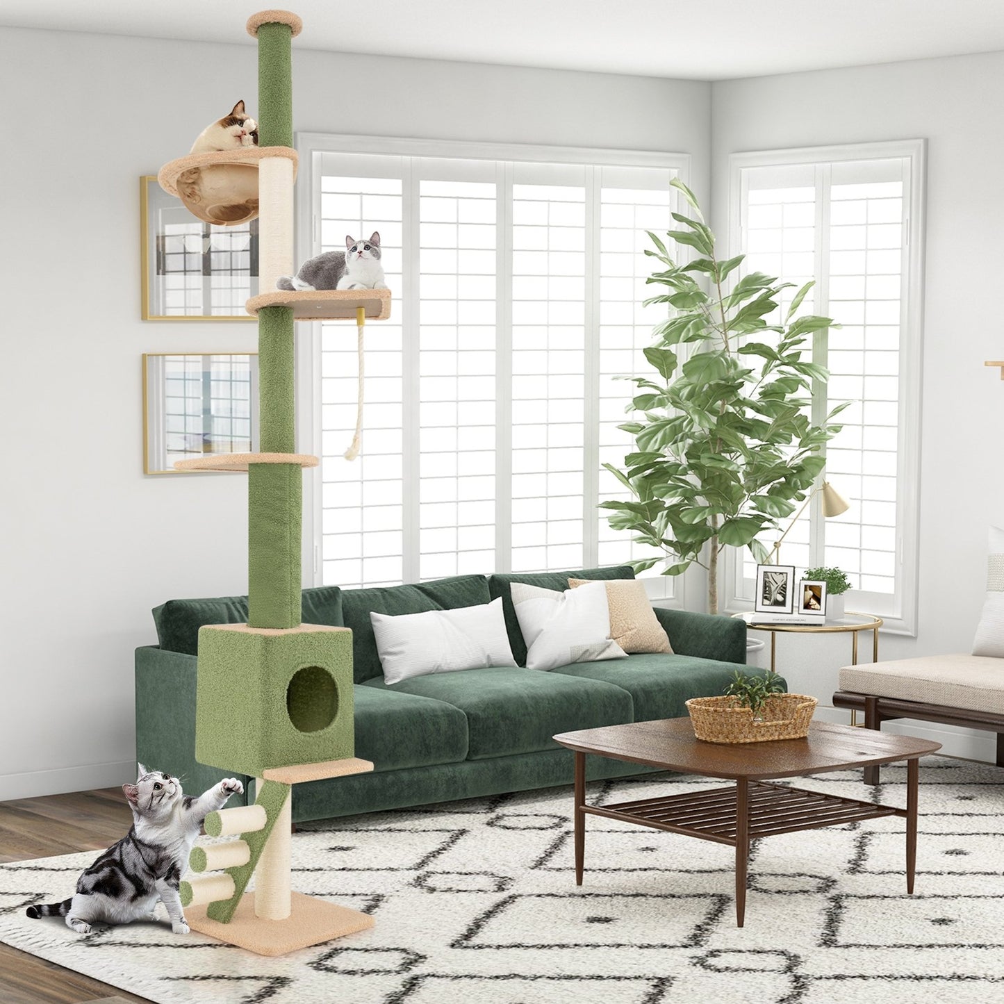 Floor to Ceiling Cat Tree with 86-99.5 Inch Adjustable Height and Extra Post-Green