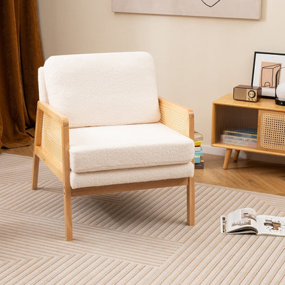 Mid Century Modern Accent Chair with Rattan Arms and Cushion-Brown