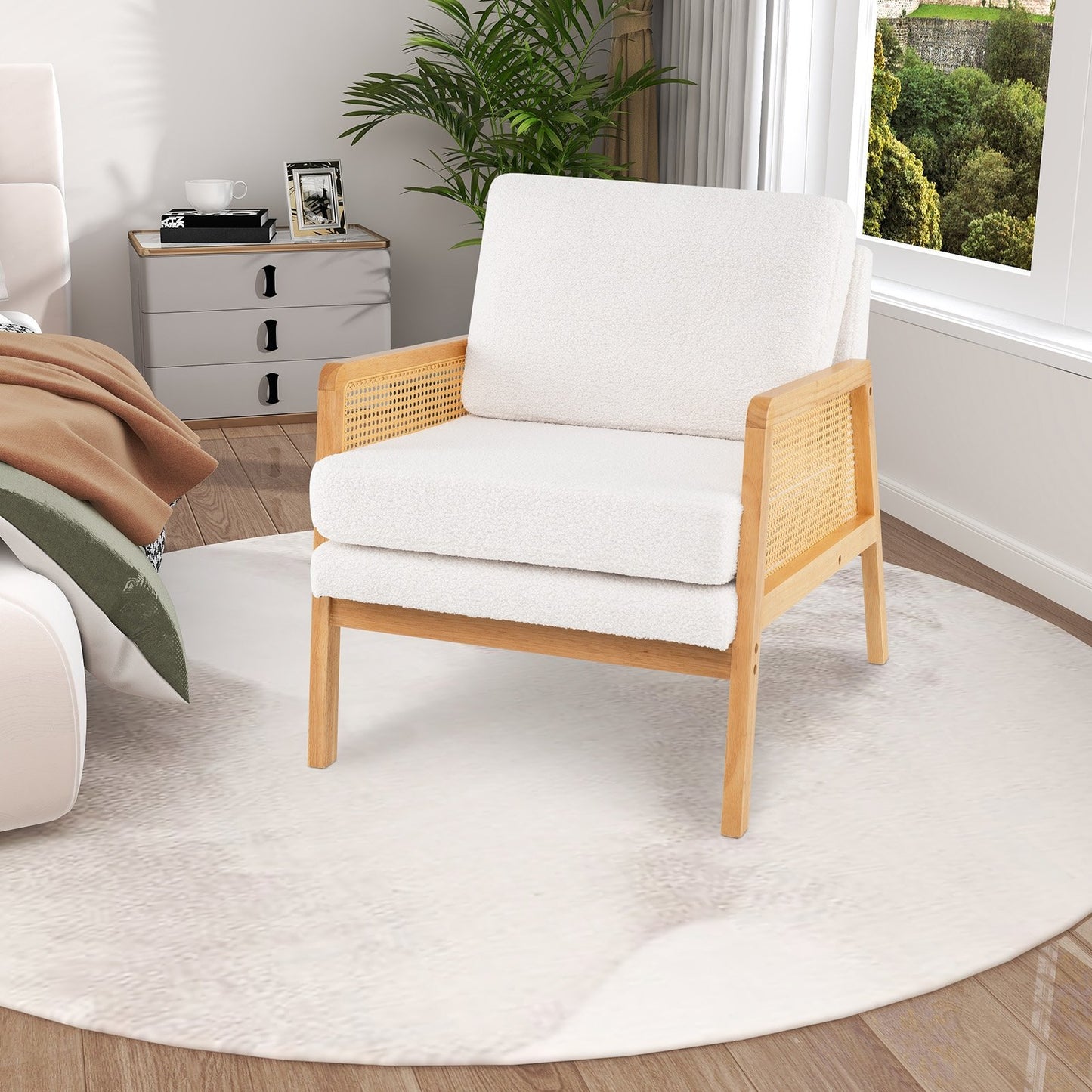 Mid Century Modern Accent Chair with Rattan Arms and Cushion-Brown