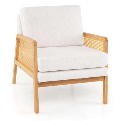 Mid Century Modern Accent Chair with Rattan Arms and Cushion-Brown