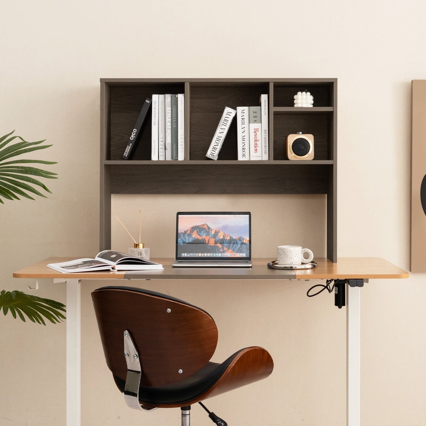 Computer Desktop Bookcase with 4 Cubbies and Open Back Compartment-Beige