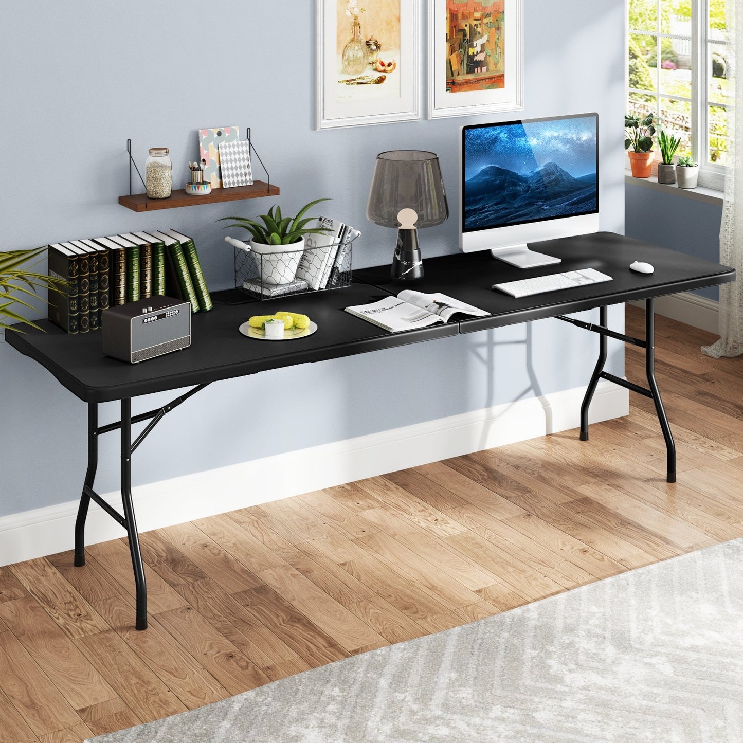 8 ft Portable Folding Table 350 LBS Fold-in-Half Table with HDPE Tabletop-Black