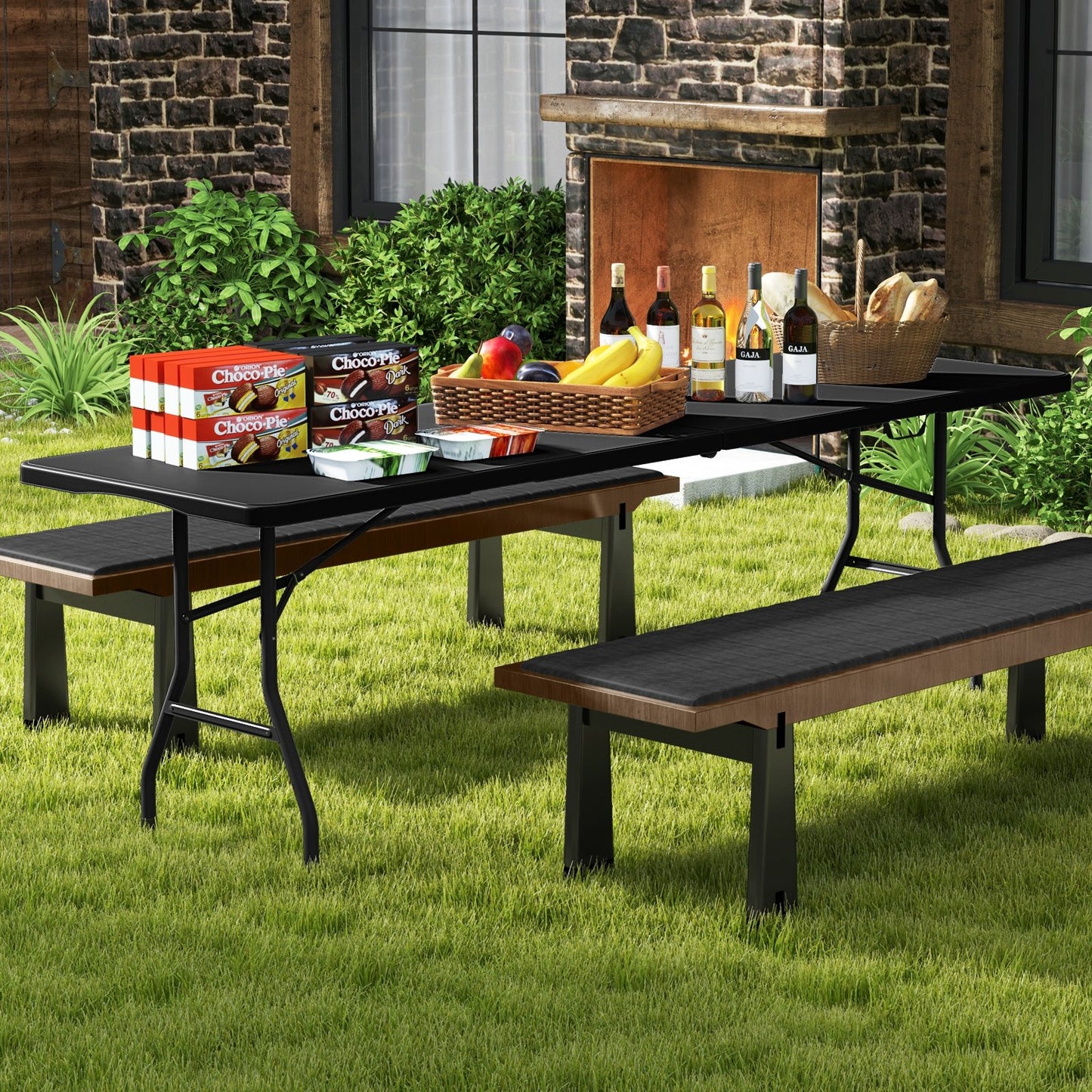 8 ft Portable Folding Table 350 LBS Fold-in-Half Table with HDPE Tabletop-Black