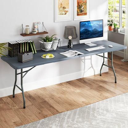 8 ft Portable Folding Table 350 LBS Fold-in-Half Table with HDPE Tabletop-Black