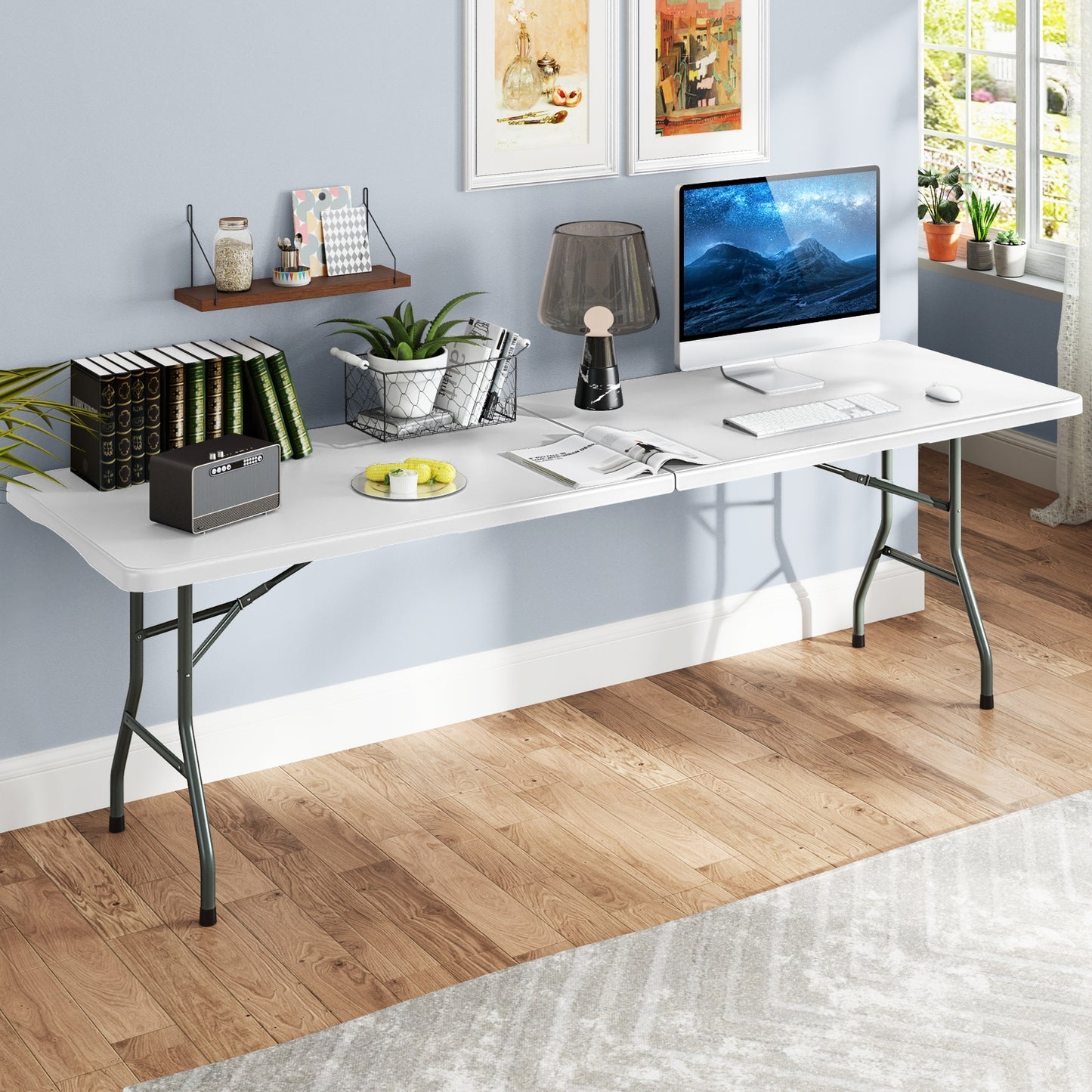 8 ft Portable Folding Table 350 LBS Fold-in-Half Table with HDPE Tabletop-Black