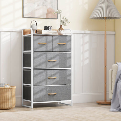 4-Tier Organizer Tower Steel Frame Wooden Top Storage with 5-Drawer Dresser-Gray