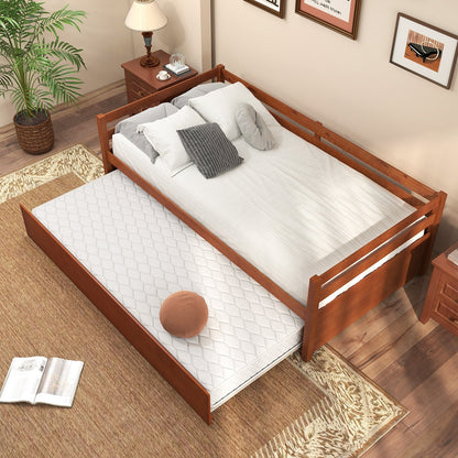 Twin Size Trundle Platform Bed Frame with  Wooden Slat Support-Dark Brown