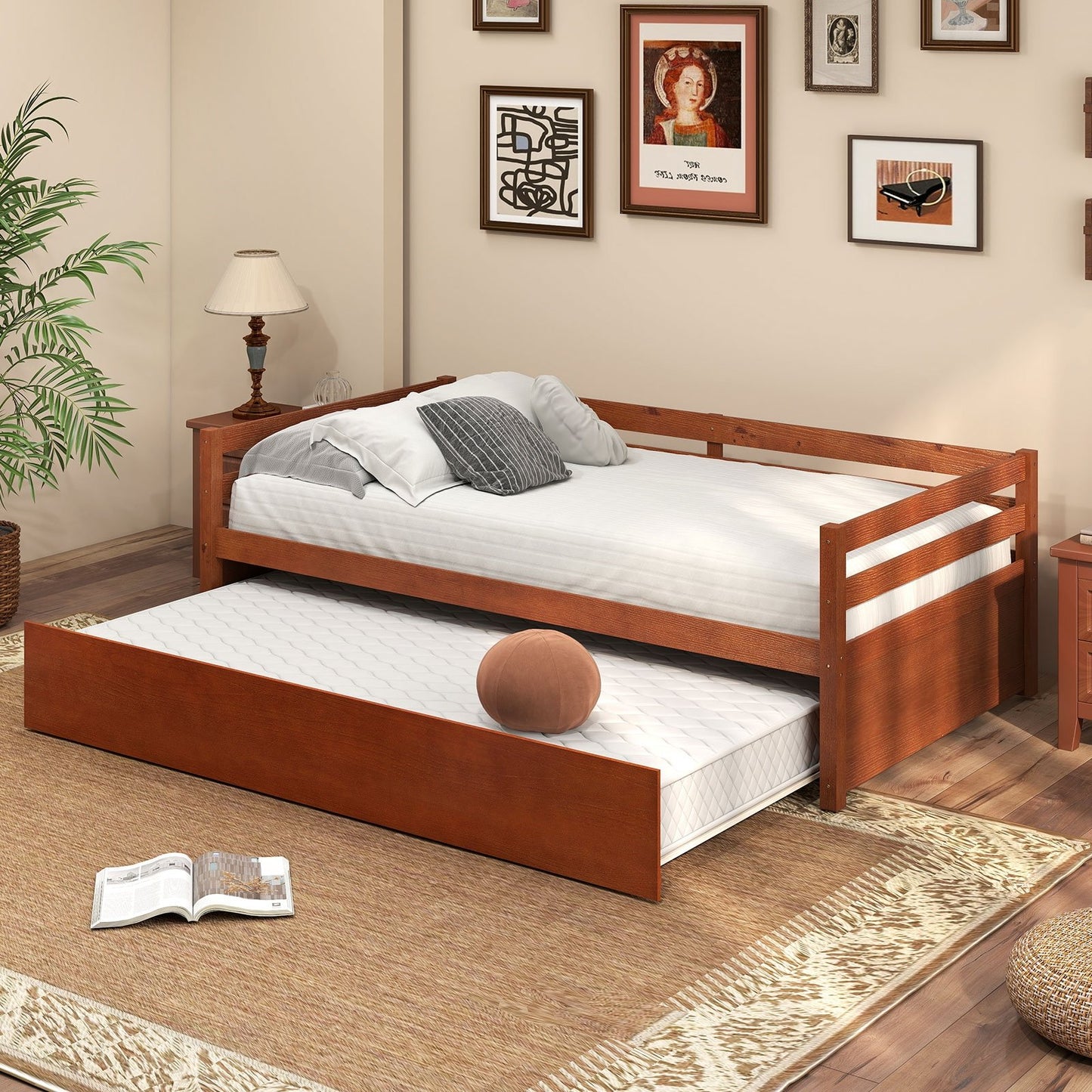 Twin Size Trundle Platform Bed Frame with  Wooden Slat Support-Dark Brown