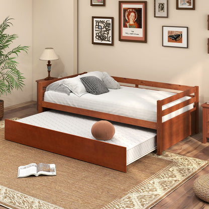 Twin Size Trundle Platform Bed Frame with  Wooden Slat Support-Dark Brown