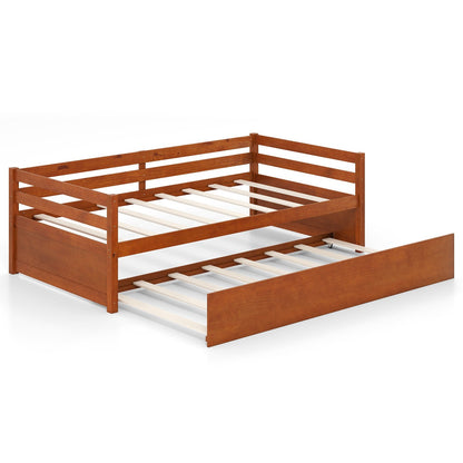 Twin Size Trundle Platform Bed Frame with  Wooden Slat Support-Dark Brown
