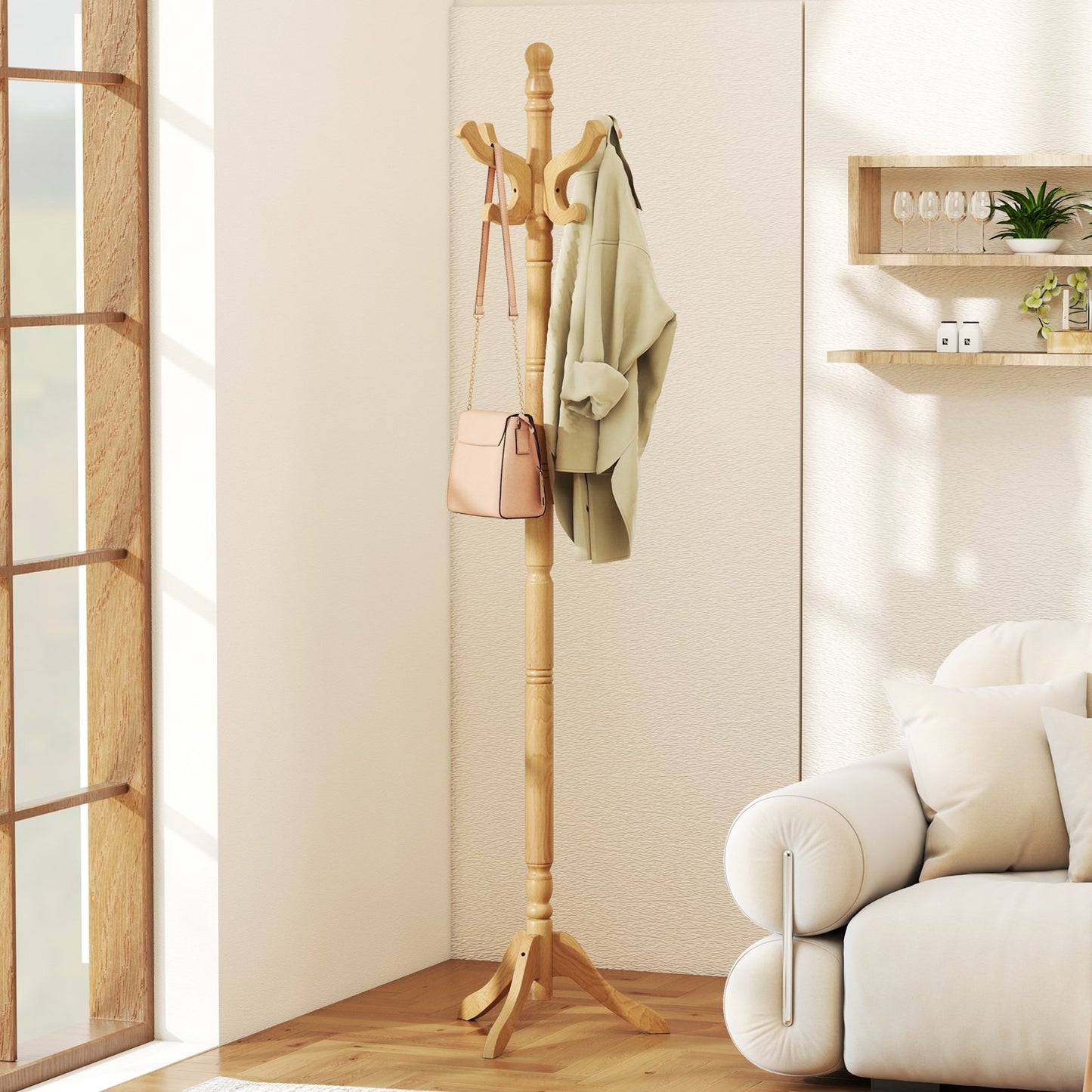 Solid Wood Hall Tree with 11 Hooks and 3 Height Options for Entryway-Black