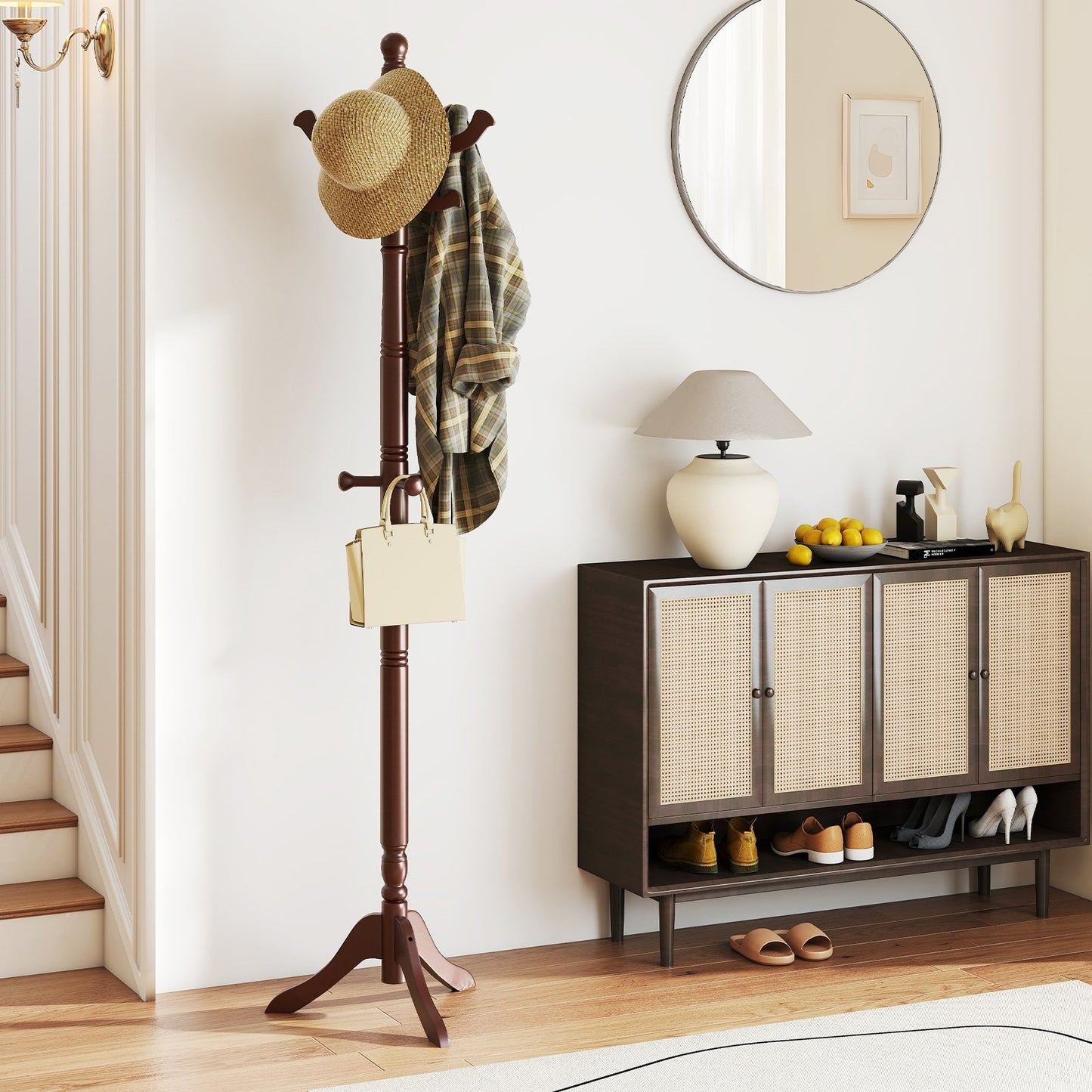 Solid Wood Hall Tree with 11 Hooks and 3 Height Options for Entryway-Black