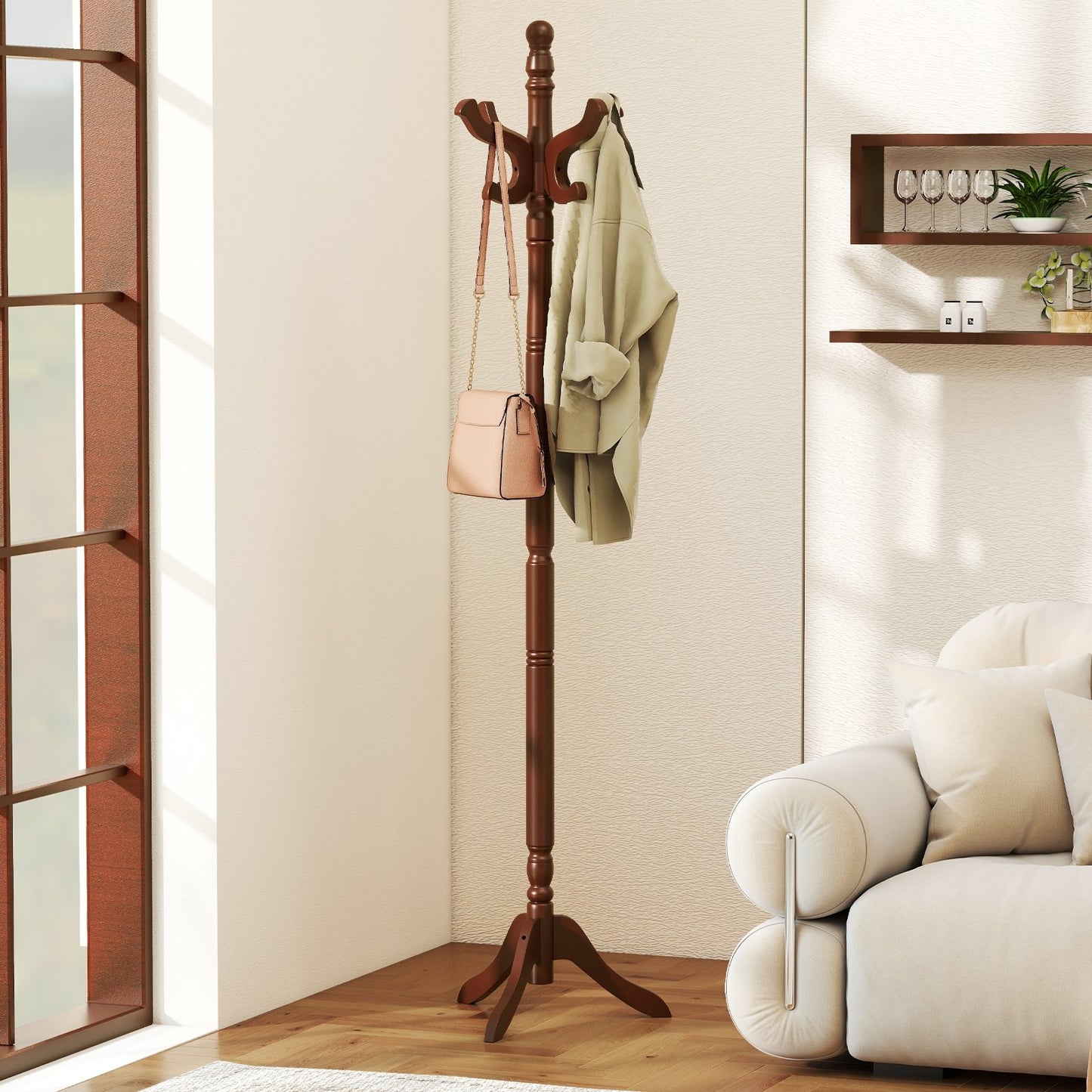 Solid Wood Hall Tree with 11 Hooks and 3 Height Options for Entryway-Black